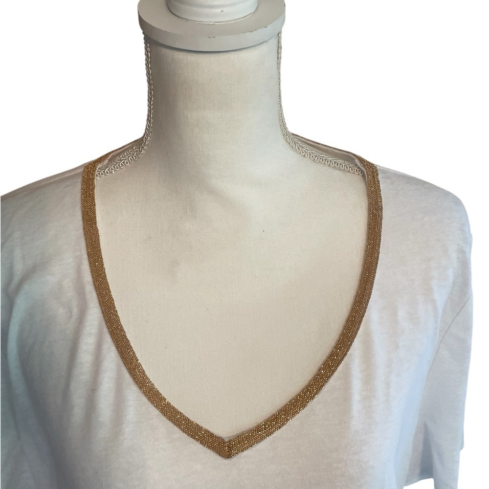 NEW Talbots White Linen Blend Beaded V-Neck Top Shirt Size XL